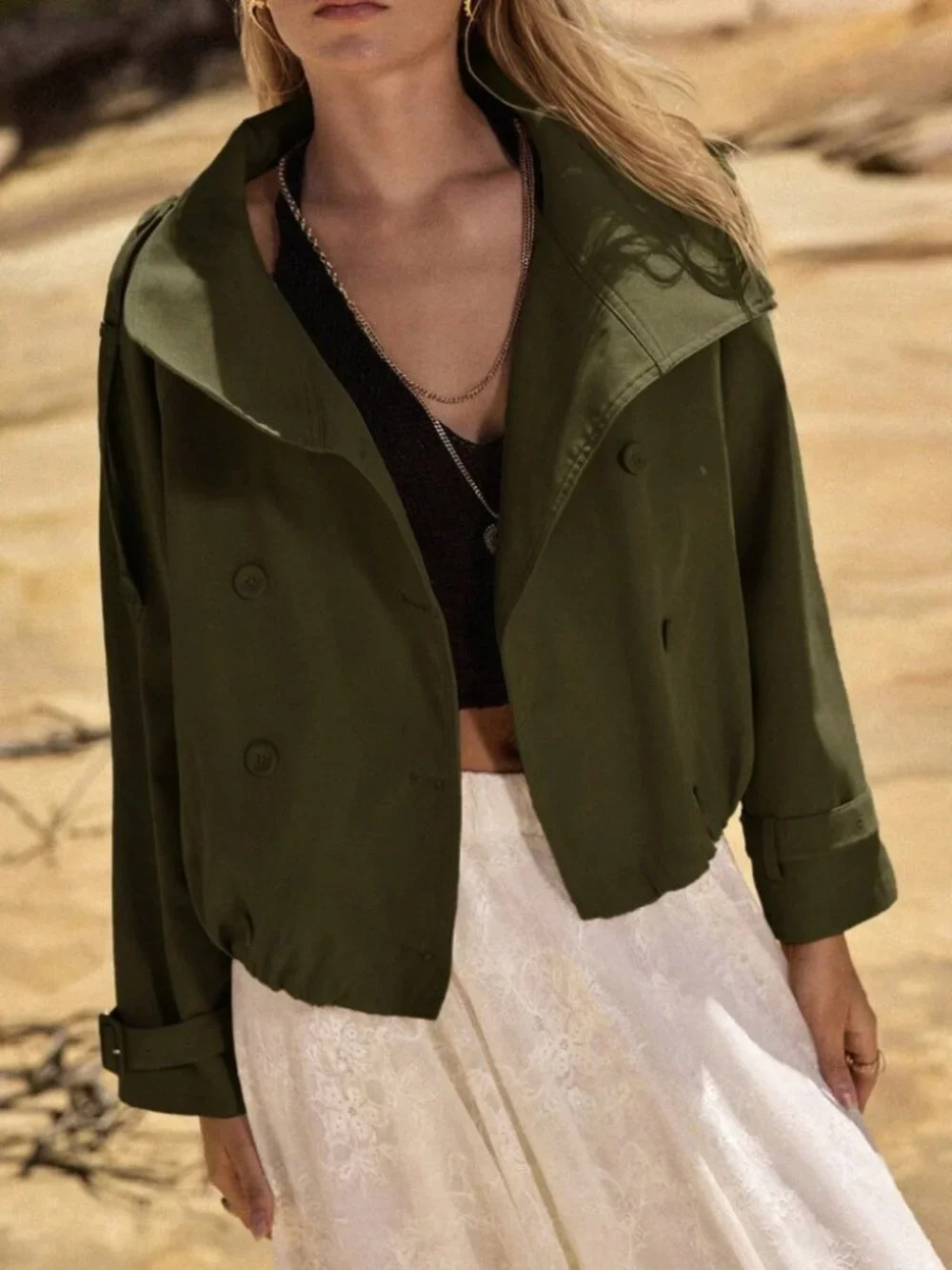 Olive Green Oversized Cropped Trench Jacket with Belted Cuffs
